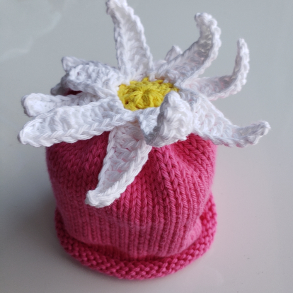 Pink Knitted Kids Hat with White Flower